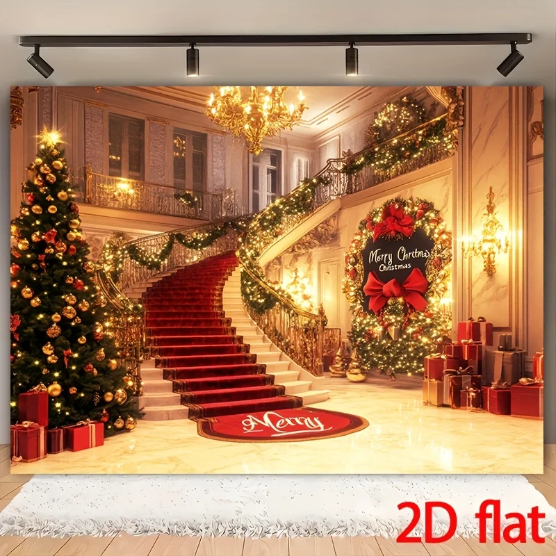 2D flacher 1 luxuriöser Weihnachts-Hintergrundstoff aus Polyester für die Halle, prächtige Treppe, geeignet für die Weihnachtsdekoration