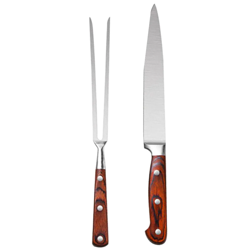 

BBQ Fork Set Stainless Steel Wood Handle Barbecue Tools Grill Supplies Durable Reusable Dishwasher Safe for Outdoor