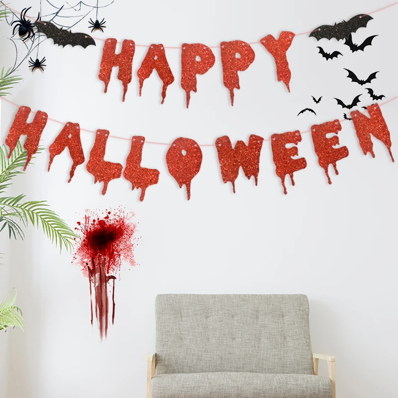 Happy Halloween Banner Red Glitter Bloody Letters Pull Flag Scary Bat Paper Hanging Home Wall Party Decor