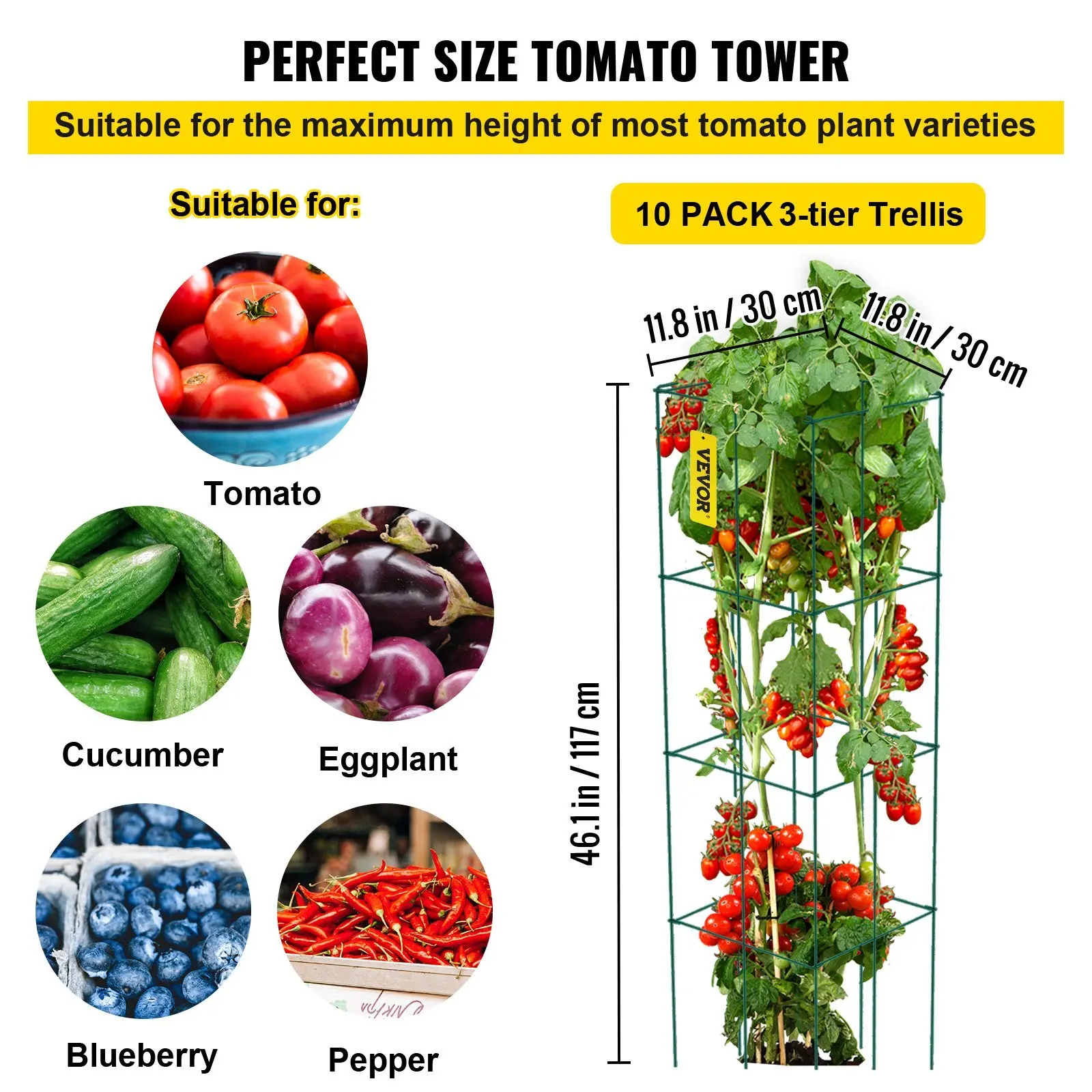 Jaulas para plantas, flores, frutas e tomate, 11,8" x 11,8" x 46,1", 10 pacotes de gaiolas quadradas para suporte de plantas,