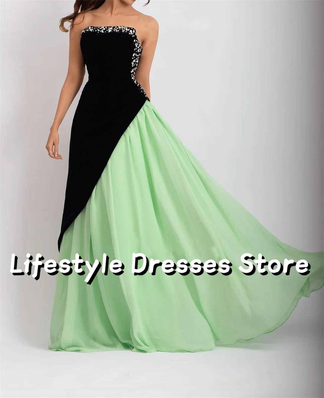 

Strapless Chiffon Patchwork Prom Dresses 2024 Beaded A-Line Evening Gown Party vestidos para eventos especiales