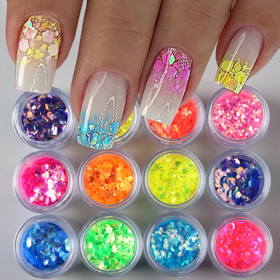 

12pcs Nail Glitter Powder Colorful Iridescent Glitter Sequin Holographic Sparkly Flake Hexagon Laser Shiny Chrome Manicure Decor