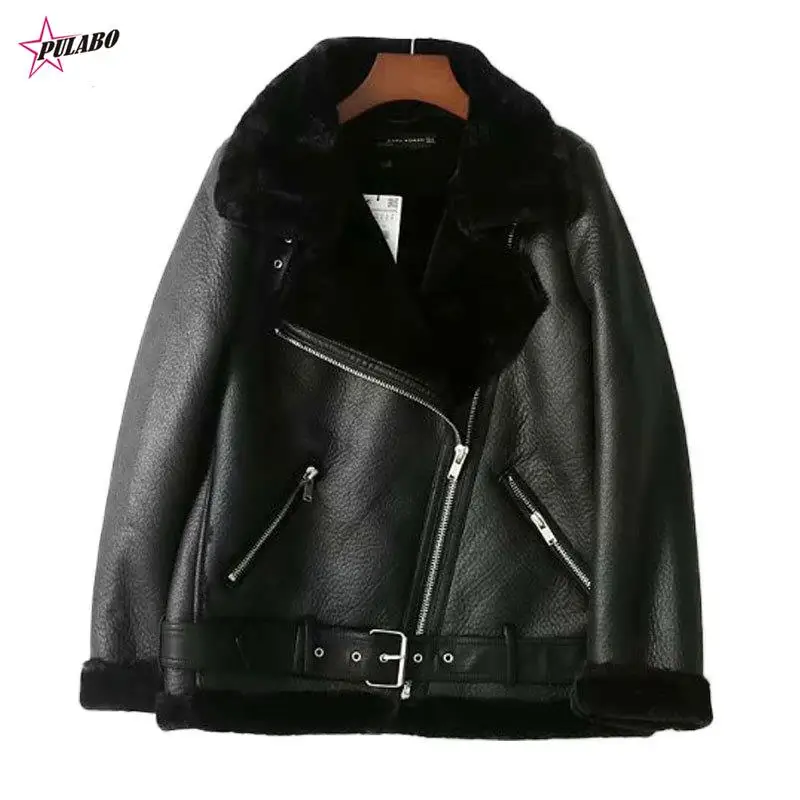 PULABO Leather Jackets Women 2024 Autumn Winter Fashion Turn Down Collar Zipper Jacket Thicken Warm Long Sleeve Chic Jacket