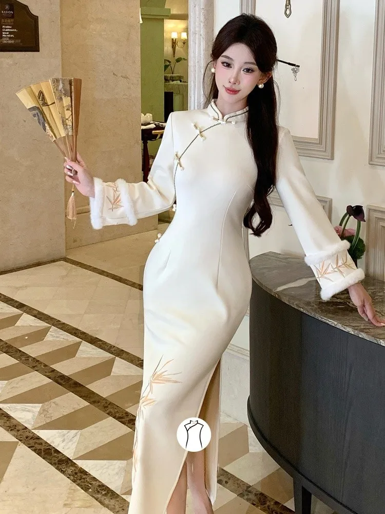 

Белое вышитое длинное ципао Dr Thiened Fce Winter Wedding Dr Ele Vintage Sle с низким разрезом для повседневной носки в китайском стиле