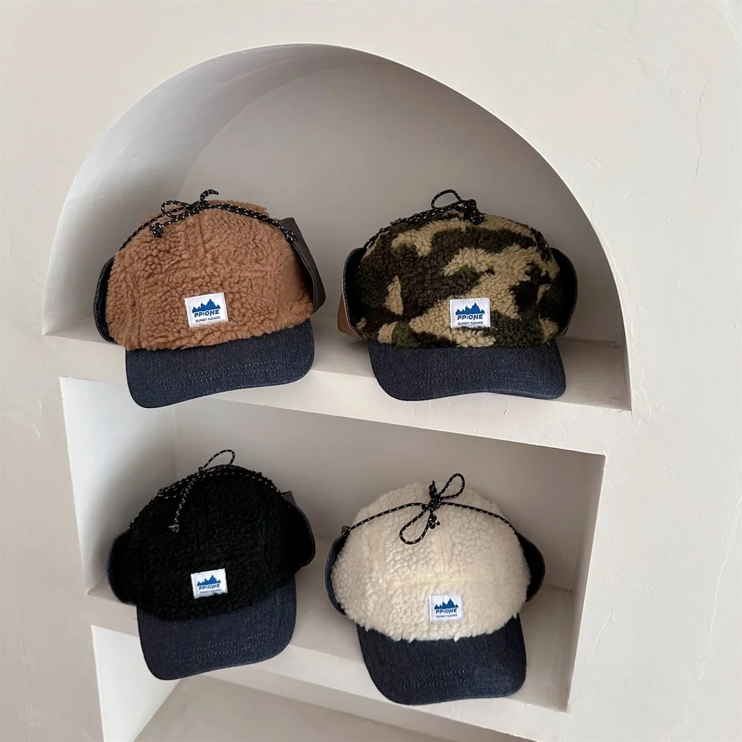 

Kids Boys Winter Trapper Hat Thick Plush fleece Warm Ear Flap Cap Korean Style Adjustable Cold Weather Children's Hat