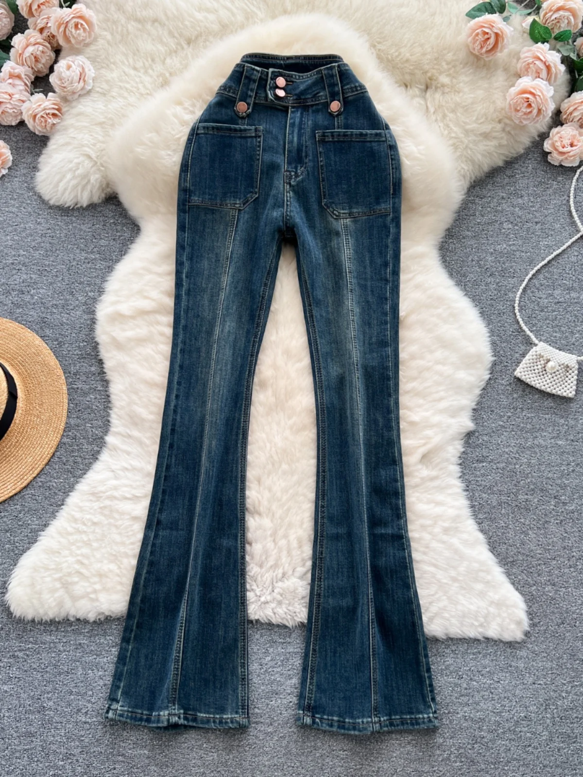 Pantalones vaqueros Retro picantes con diseño Micro acampanado para mujer, pantalones vaqueros versátiles ajustados de cintura alta estilo de Hong Kong para otoño e invierno
