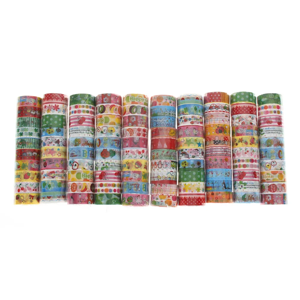 10pcs Adhesive Sticker 250x1.5cm DIY Washi Tape Cartoon Pattern Decorative Craft for Gift Wrapping Scrapbook School Supplies