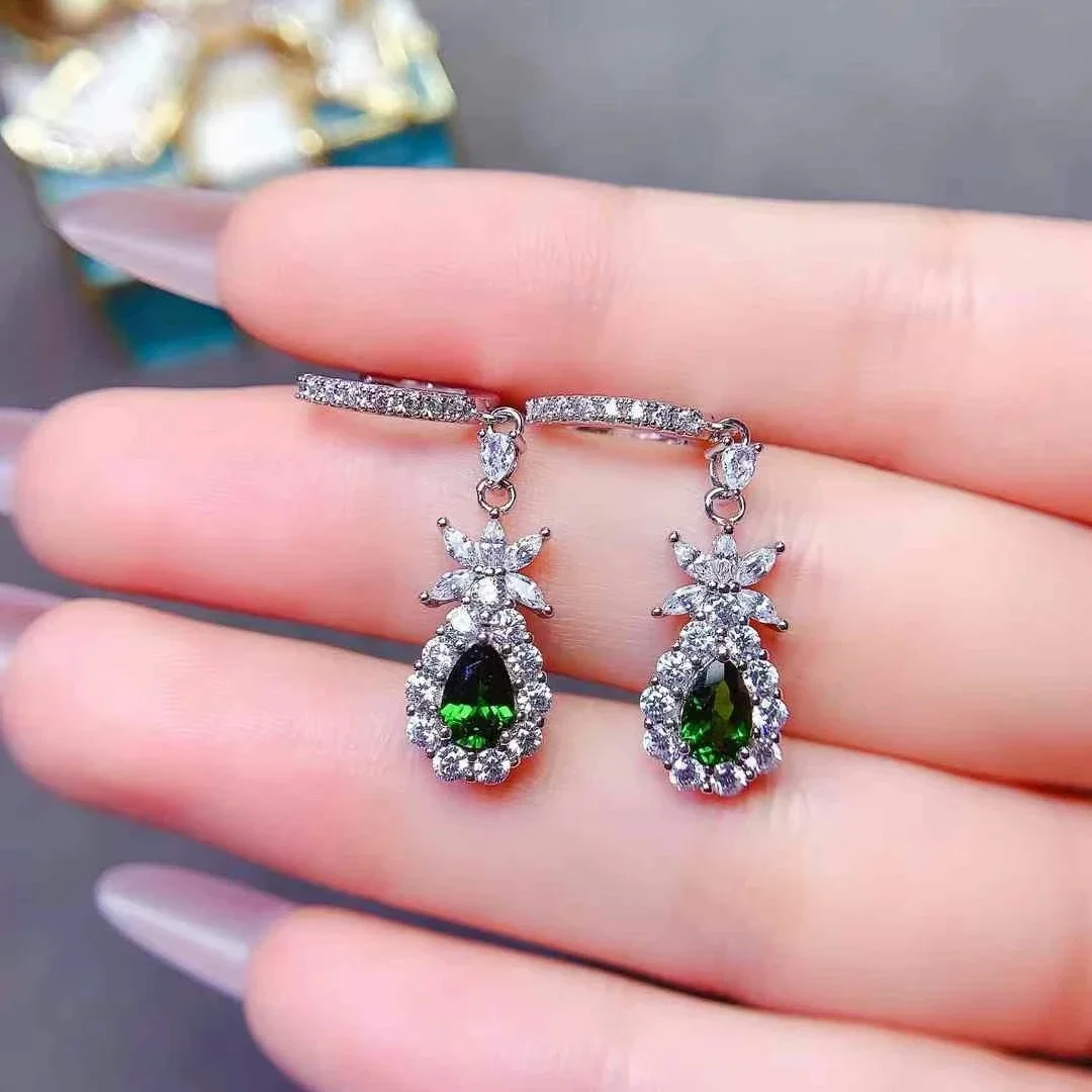 Classic Silver Drop Earrings with Gemstones 4mm*6mm Natural Diopside Silver Earrings 925 Silver Diopside Jewelry