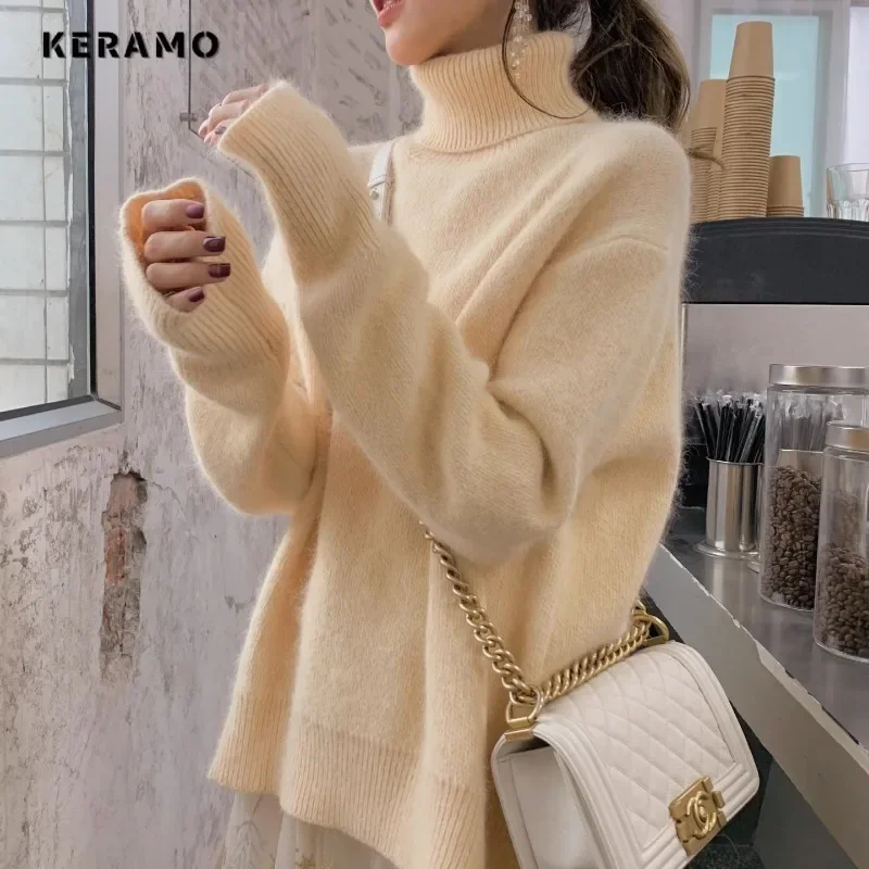 

2024 Spring Fall Harajuku Casual Solid Shirt Women Long Sleeve Turtleneck Cozy Sweater Korean Simple Loose Pullover Knitted Top