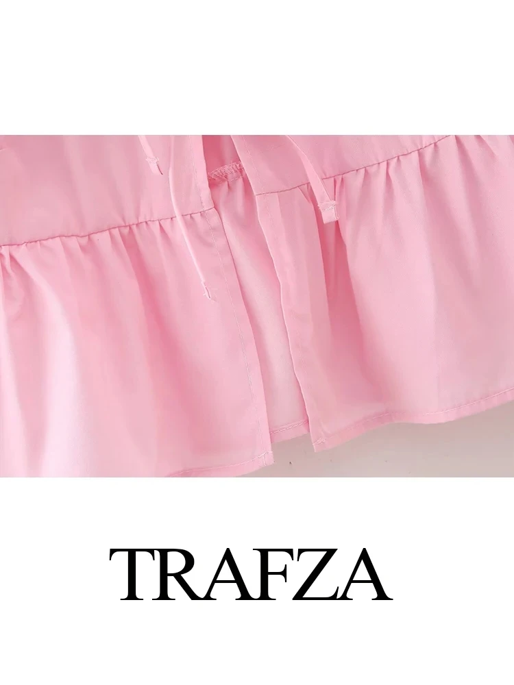 TRAFZA Women Elegant Chic Solid Color Short Sleeves Blouse Woman New Fashion Vintage Casual Bow Lace Up Folds Shirt Loose Tops