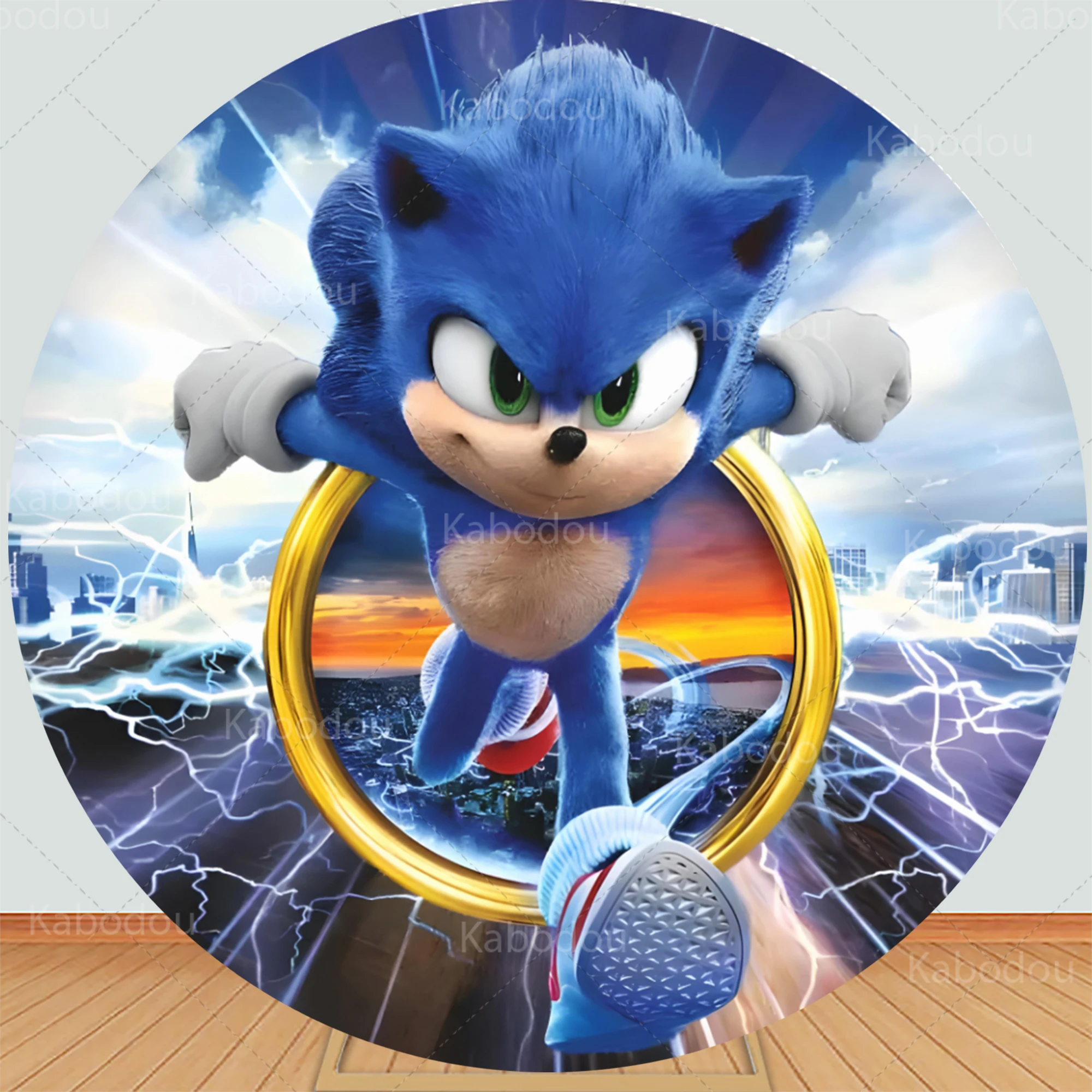 Sonic Round Blue Backdrop Kids Birthday Party Decoration Hedgehog Photography Background Baby Shower Cylinder Cover Studio Props