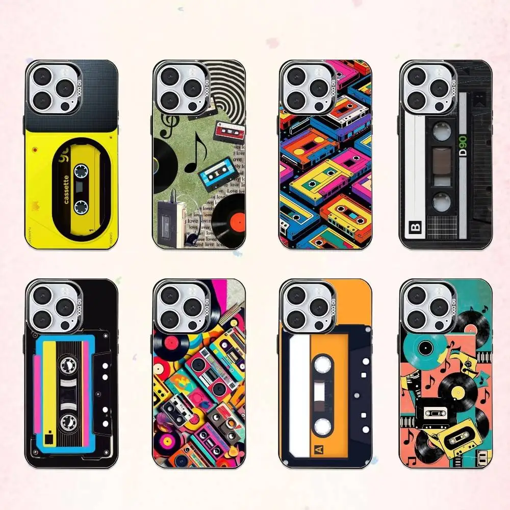

V-Vintage Music Tapes Cassette Phone Case For iPhone17,16,15,14,13,12,11 Plus,Pro Max Colored Silver Plated Inside Cover