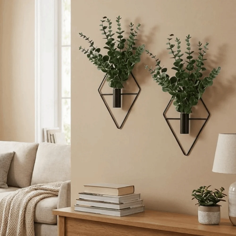 2PCS Iron Rhombus Hanging Flower Vase Decorative Black Wall Hanging Vase Minimalist Wall Mount Flower Vase Porch Decoration