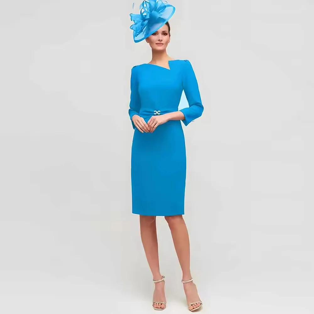 Customized Vintage Mother of the Bride Dress Crepe Fabric Sheath/Column Cocktail Party Dress Sky blue Boat Neck Belt Guest Dre