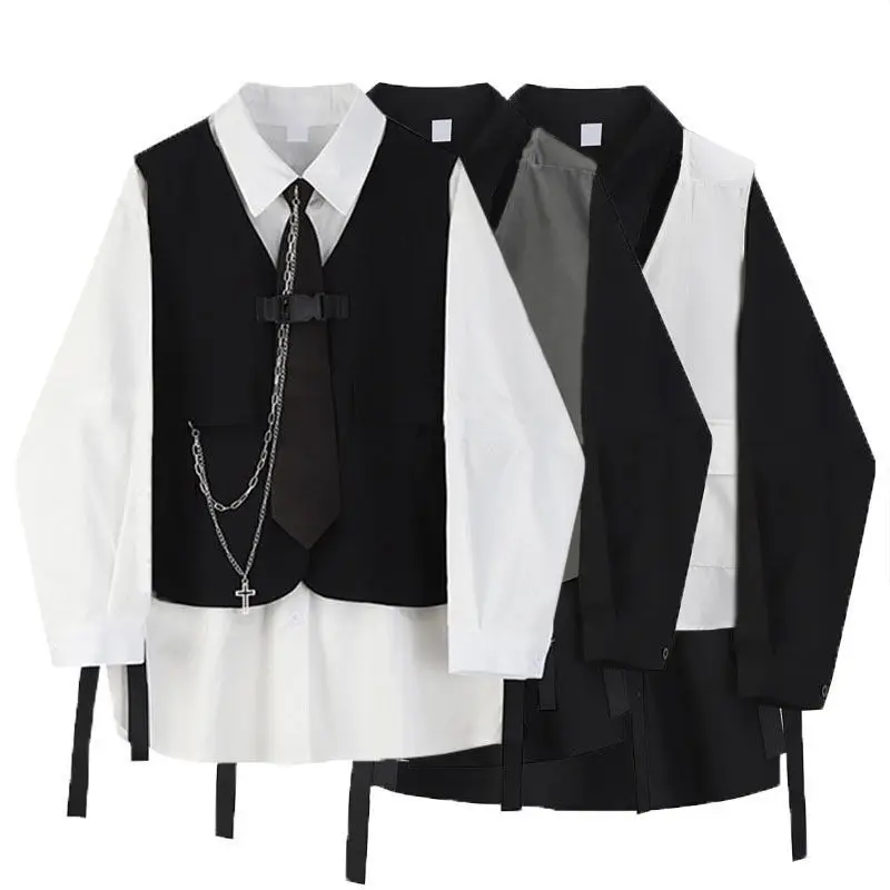 Spring Autumn Unisex Suit Men and Women Korean Style Loose Lapel Long Sleeve Shirt Functional Style Workwear Vest Two-piece Set