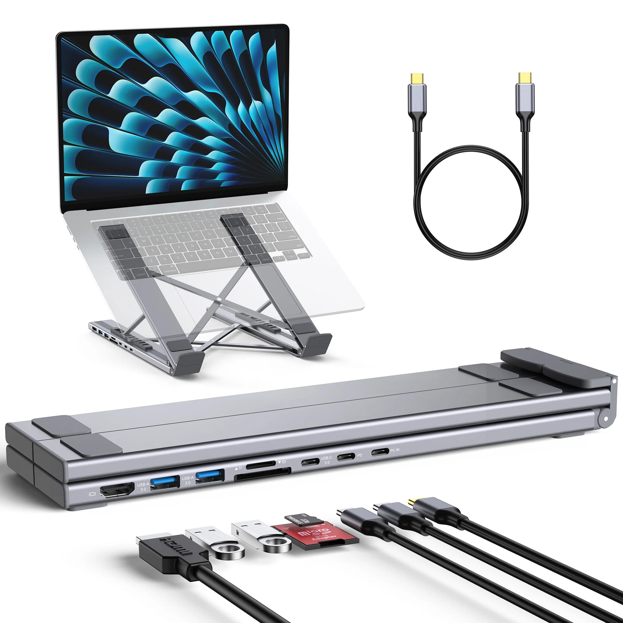 8-in-1 laptopstandaard, 2026 nieuwe USB-C laptopdockingsstationstandaard, USB-C dock tabletstandaard