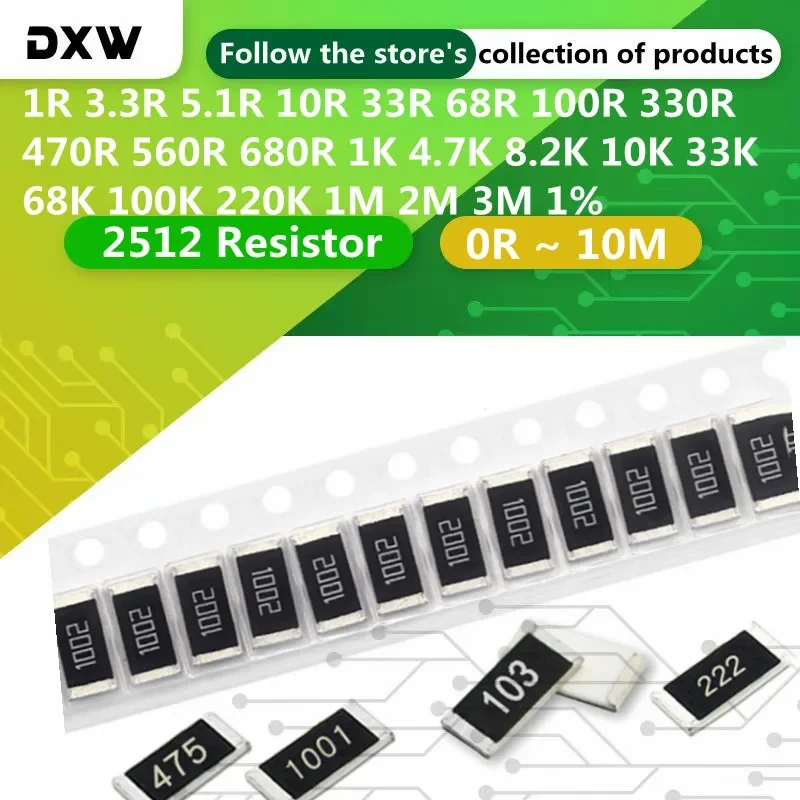 50pcs Resistor 2512 0 3 5.1 10 1k 22  10k  68 220K  100 150 8.2k 270 330 470  390 43K 15k 1M 2M 3M 10M 750 ohm SMD Resistors 1%