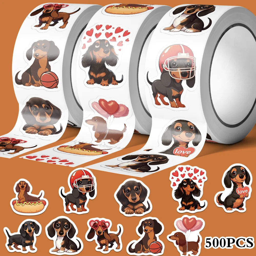 500pcs/roll dachshund Stickers, Cute Cartoon Envelope Handbook Thermos Packing Box Decoration Sticker