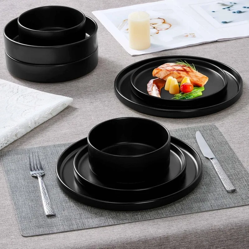 Set di stoviglie con ciotole per pasta per 4, 16 pezzi, piatti per insalata e ciotole per cereali, piatti in gres, cena Wa