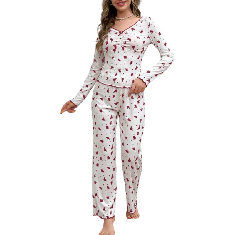 秋のパジャマ女性長袖パジャマ V ネックハートプリント屋外着用可能ホーム服ソフトラウンジウェアナイトガウンセット