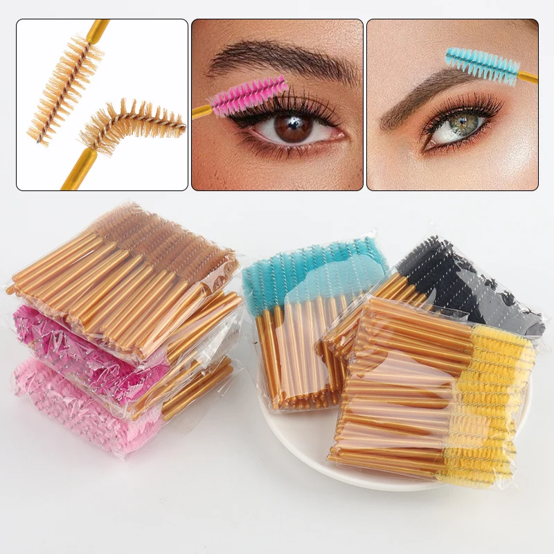 50 pçs descartável escova de maquiagem de cílios rímel varinhas ouro mini cílios escovas curto sobrancelha pente cílios extensão ferramenta