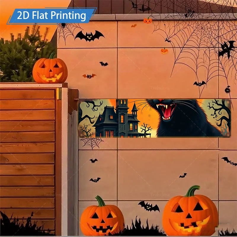 1 قطعة 4x16 بوصة علامة معدنية للهالوين جدار معدني الفن-قلعة مخيفة وقطة سوداء 2D طباعة مسطحة ديكور