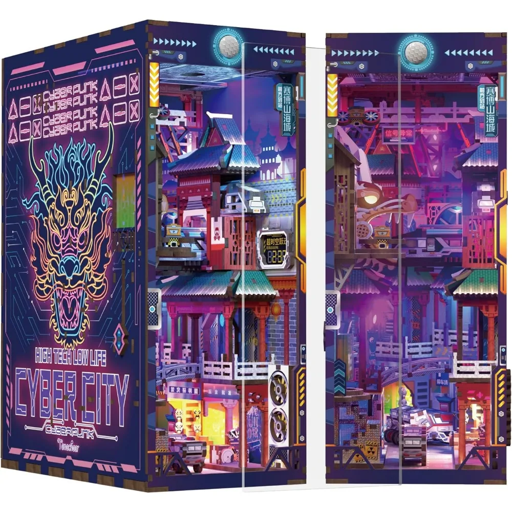 

3D деревянная полка для книг-головоломки для взрослых, набор уголоков для книг в стиле кибер-панк, миниатюрный декор дома