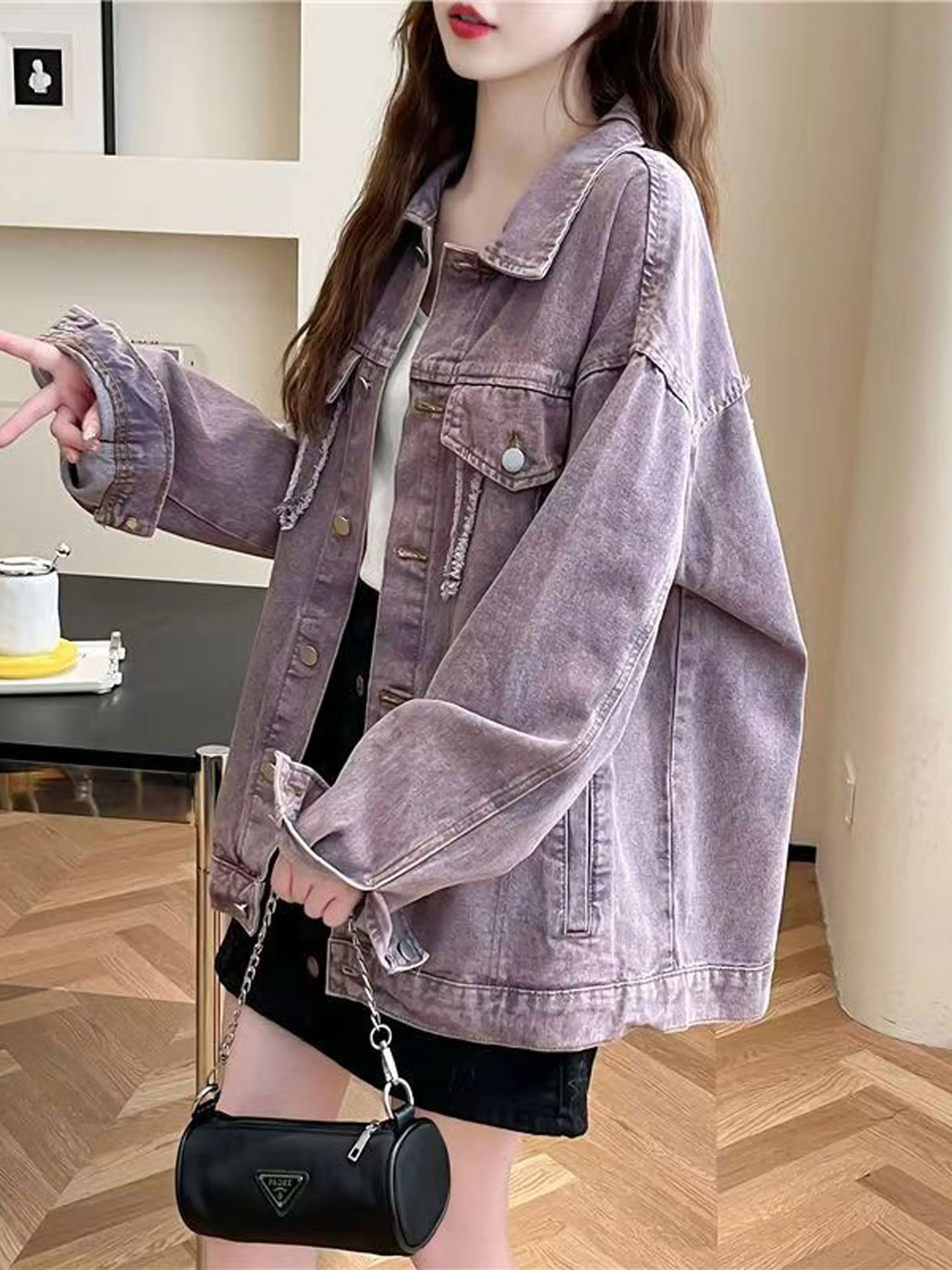 Loose Long Sleeve Denim Jacket Purple Women's Spring Autumn New Style High School Students Casual Shirt Style Comfortable Fit