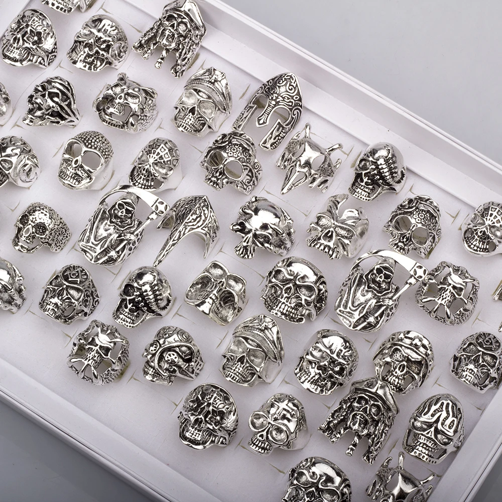 40 Pcs/Lot Gothic Punk Big Skull Rings for Women Men Skullies Biker Vintage Antique Silvery Charm Jewelry Accessories Wholesale - Image 2
