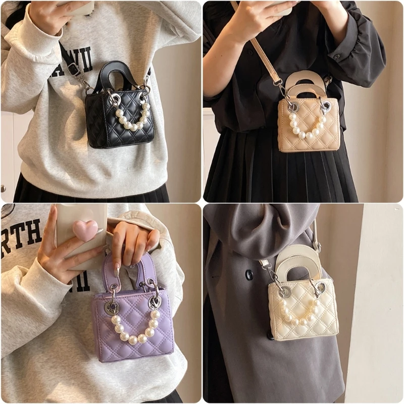 Women Pearls Crossbody Bag PU Leather Shoulder Bag Trend Quilted Bucket Bag Aesthetic Handbag Solid Color Bag