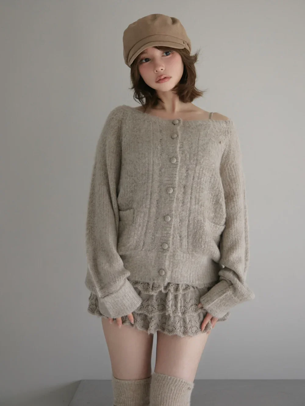 Japanese Knitted 3-piece Hollow Cardigan Suspender Multi-layer Lotus Leaf Cake Skirt Inside Daily Commuting Leisure Versatile