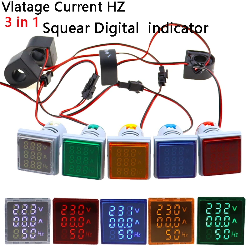 3 w 1 AC 60~500V Woltomierz cyfrowy Amperomierz Hz Hertz Miernik częstotliwości Wskaźnik napięcia prądu Tester Amp Sygnał świetlny LED 22mm