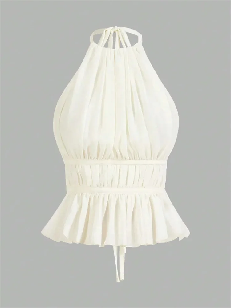 بلوزة رسن مثيرة بدون ظهر مطوي للنساء صيفية حلوة مكشوفة الكتف بحاشية مكشكشة قميص قصير Y2K ملابس خروج