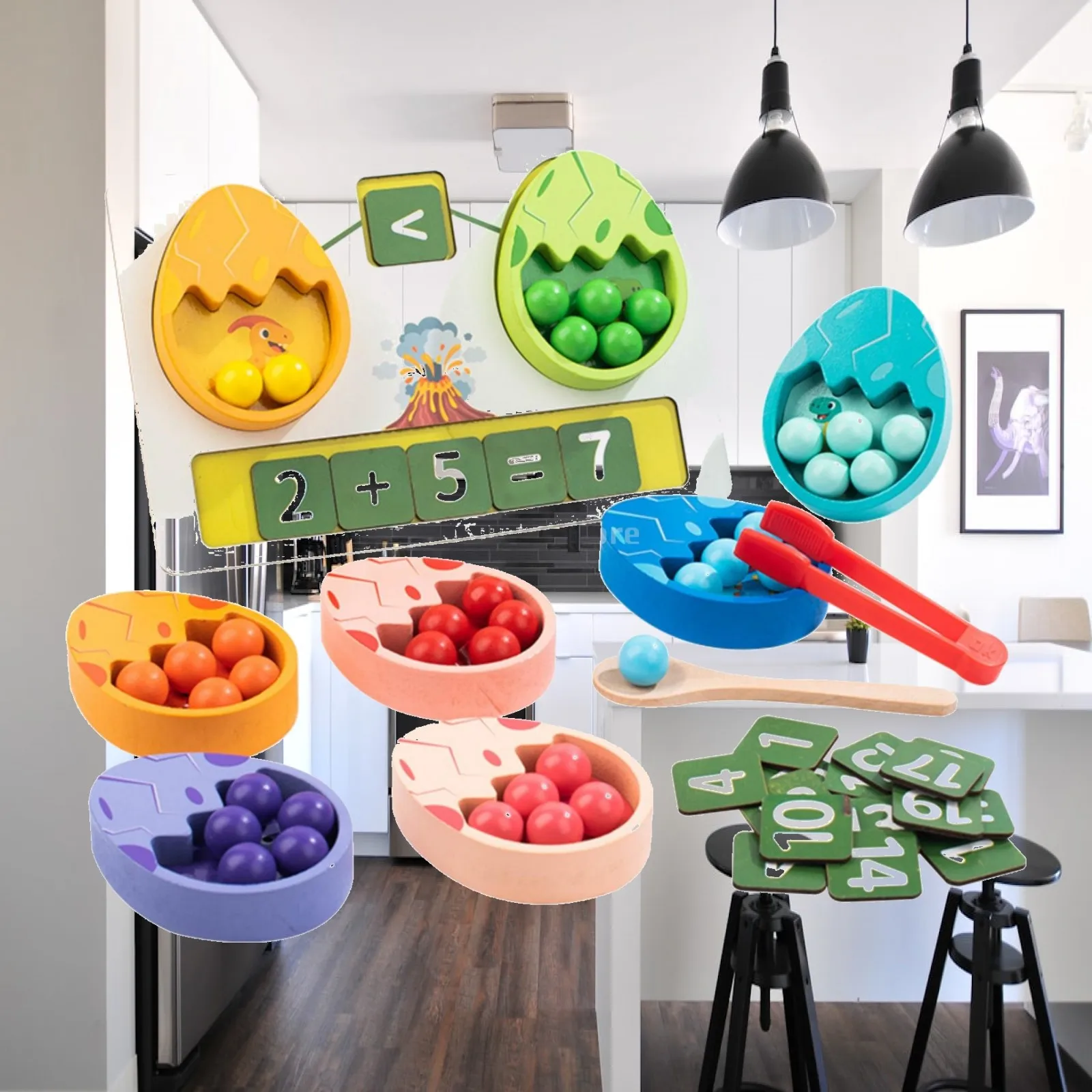 Children Cognitive Development Toy Wooden Dinosaur Egg Match Game with Colorful Beads