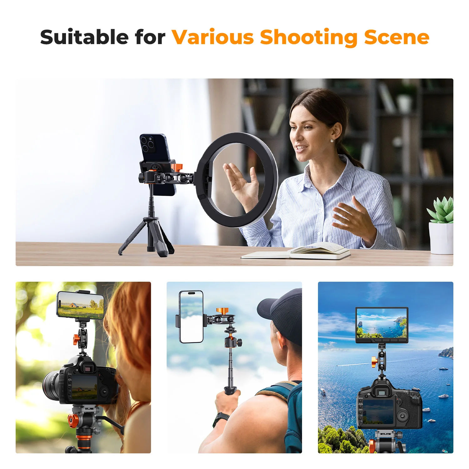 K&F Concept Magic Arm Multi-Function Double Ball Head with Cold Shoe Mount and 1/4"-20 Screw for Super Clamp Monitor LED Light