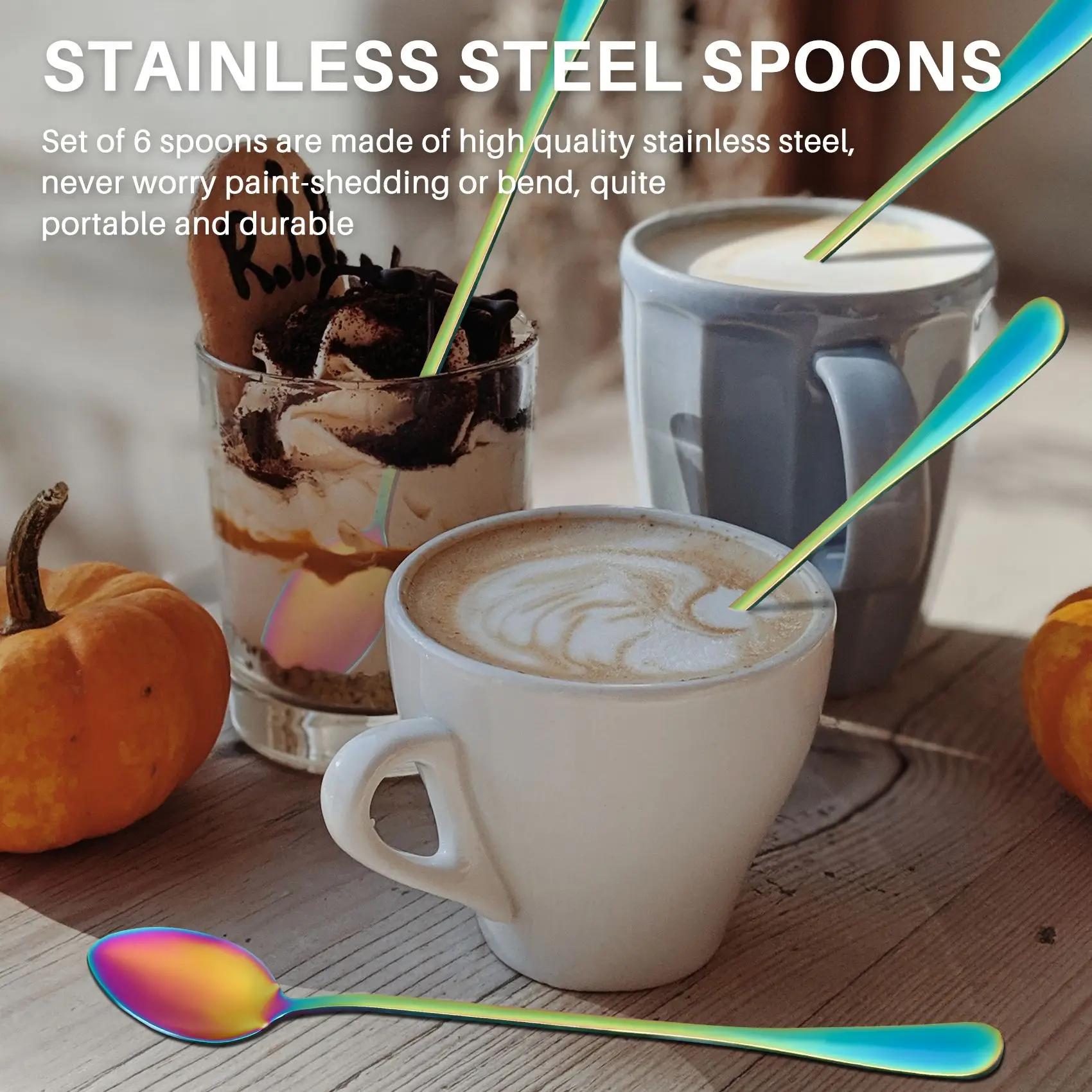 AEE8-Coffee Teaspoons, Set Of 6 Rainbow Color Coffee Spoon Long-Handle Ice Cream Desert Spoon Cocktail Stir Spoons Mixing Spoon,