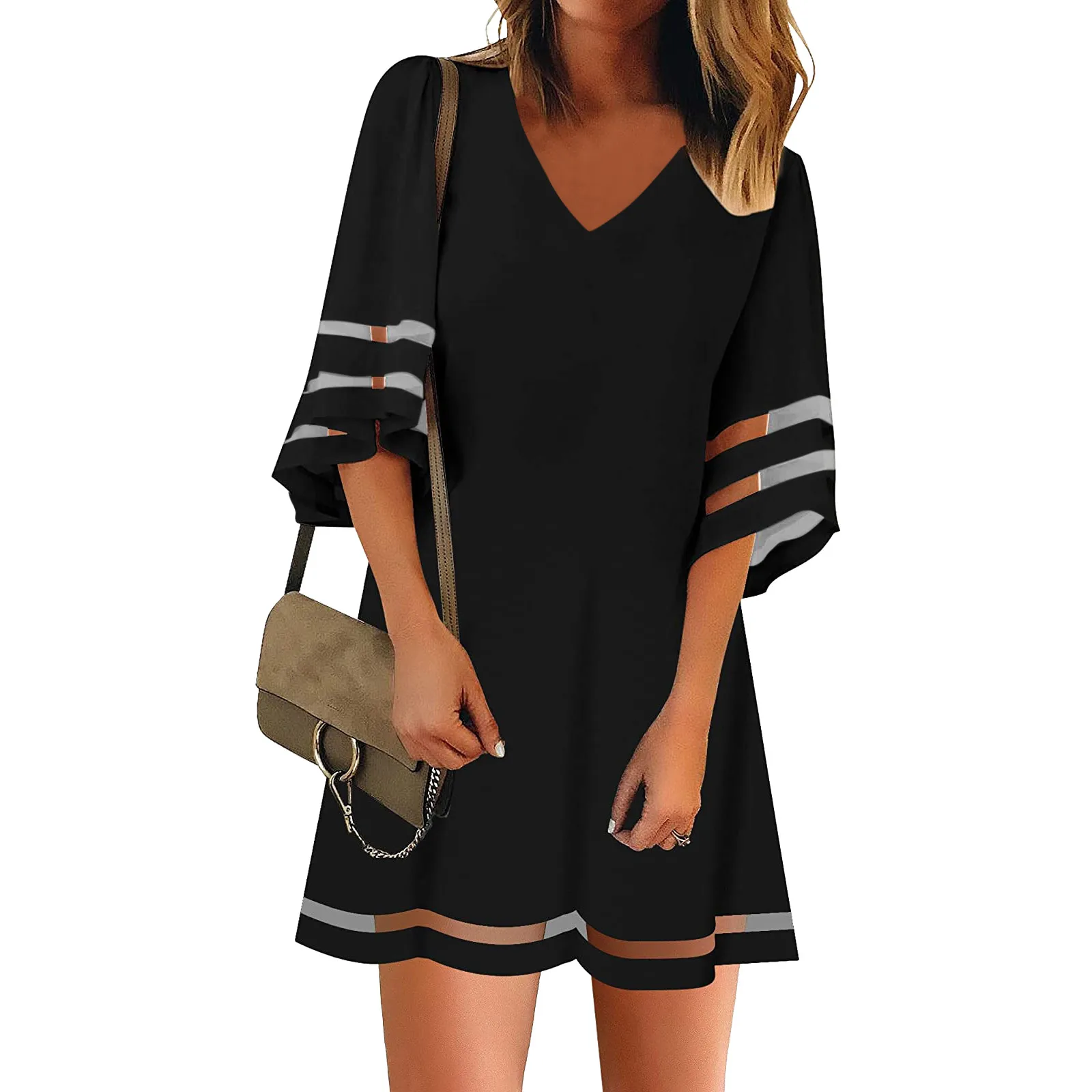 Women's Summer Mini Dress V-neck Three Quarter Sleeve Casual Loose Beach Dresses For Women Tunic Mesh  A Line Dress Vestido