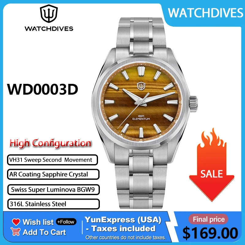 Watchdives WD0003D 38mm Men Watch VH31 Sweep Seconds Quartz Movement Sapphire Natural Stone Dial Luminous 10Bar Waterproof Watch
