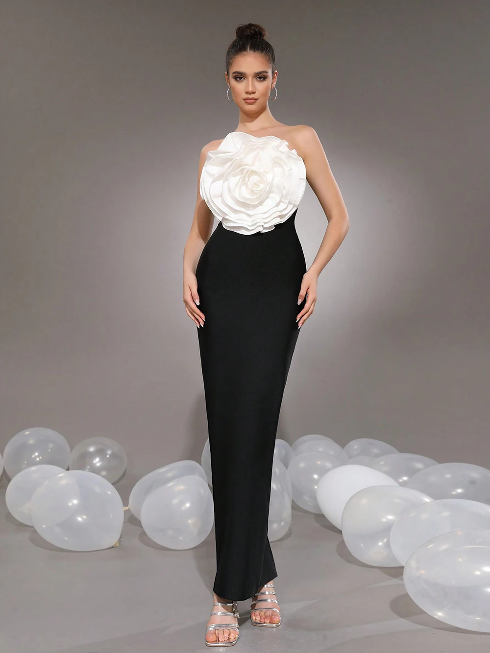 Modphy Elegant 3D Flowers Bodycon Prom Gowns Sexy Strapless Backless Party Bandage Dress Summer Long Evening Dress