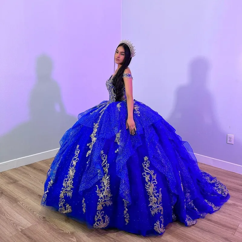 Angelsbridep vestido de baile azul real, vestidos quinceanera, apliques de renda, miçangas, ombro de fora, vestidos de 15 anos personalizados