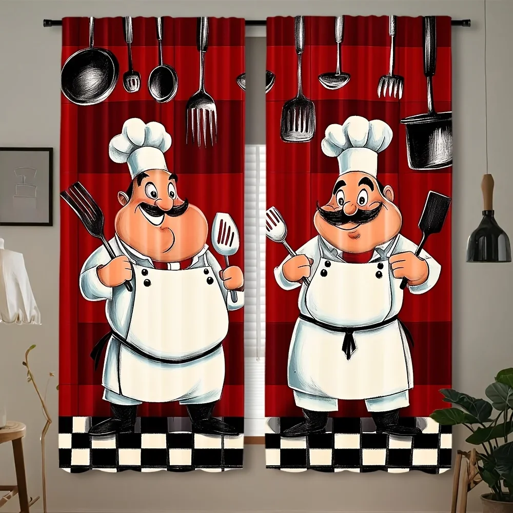 Funny Cartoon Chef Kitchen Curtain Pair for Bathroom or Kitchen Decor Fun Novelty Window Treatment
