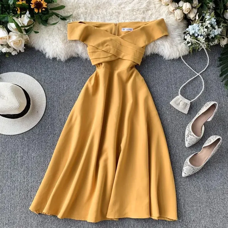 Neploe Sexy Slash Neck Spalla senza spalline Abito solido Temperamento da festa Design incrociato Abito sottile con cerniera Vita alta Ropa 47873