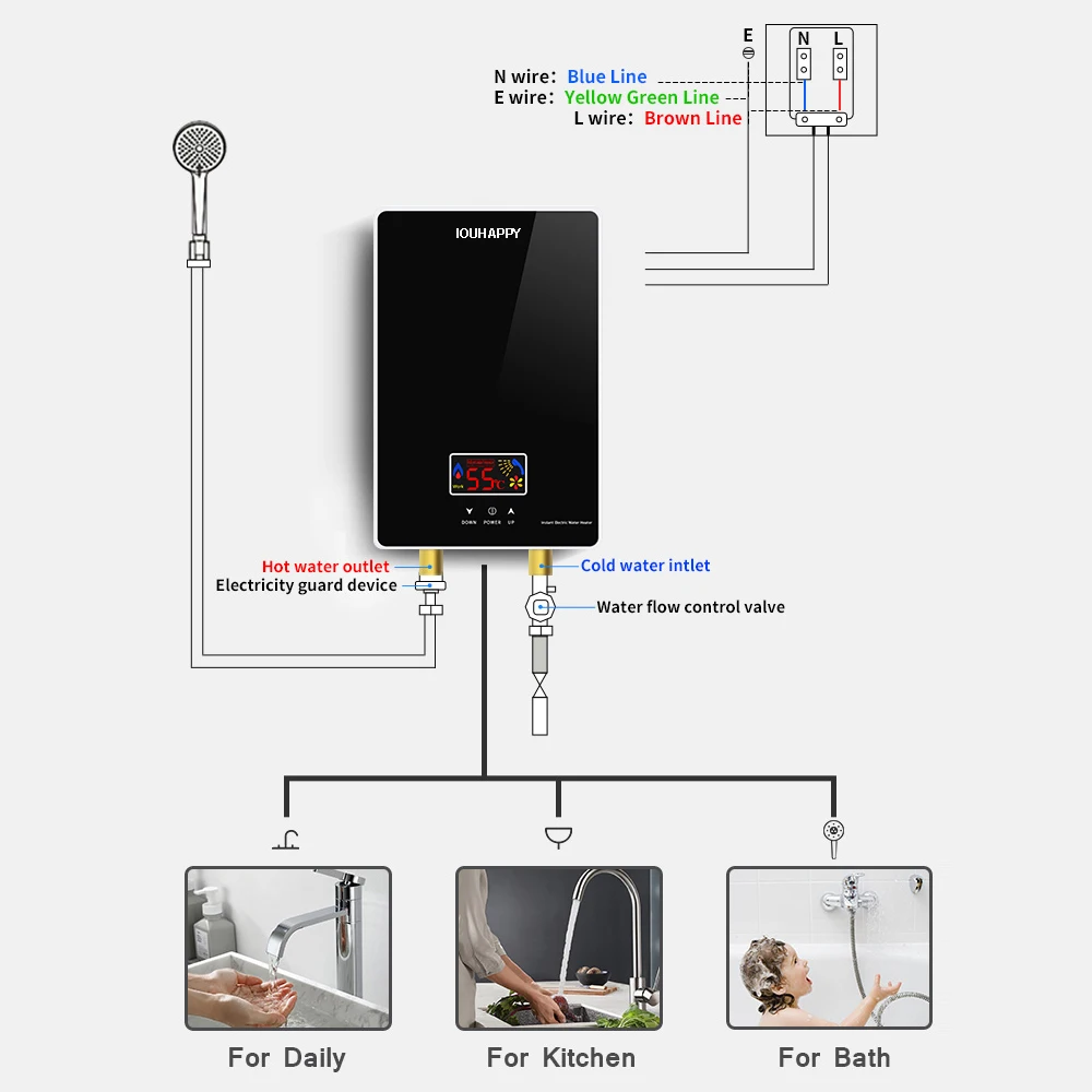 Calentador de agua eléctrico instantáneo sin depósito, calentador de agua caliente de 220V y 6000W con pantalla LCD, para baño y cocina