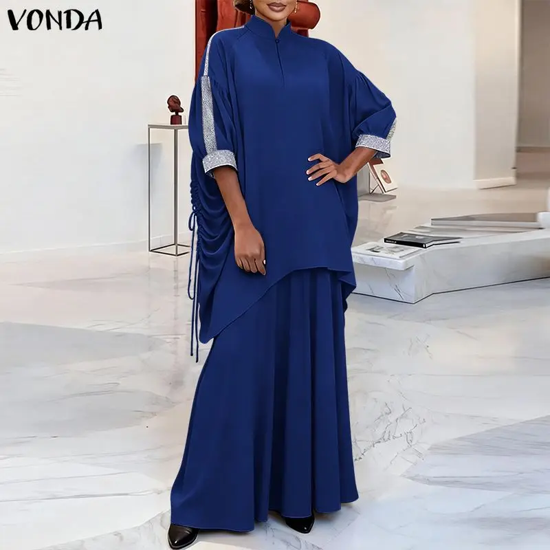 

VONDA Women Plus Size Sets Summer Spring Fashion Two-Piece Sets 3/4 Sleeve Tops Long Skirts Streetwear Patchwork Dress Sets