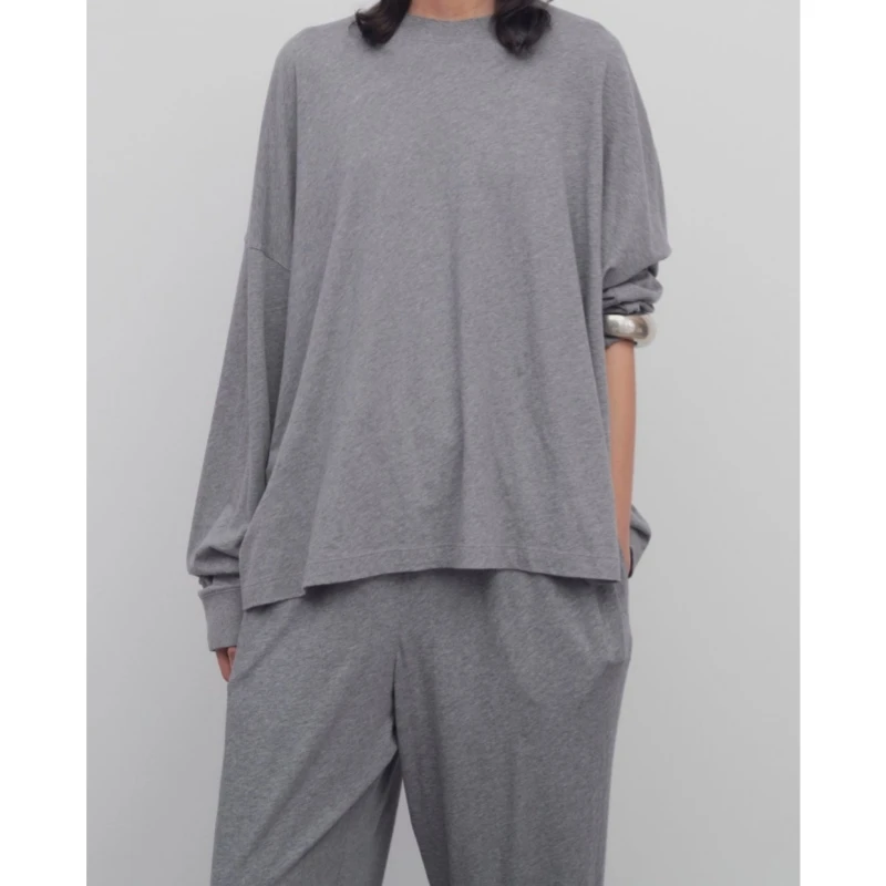 2025 Spring/Summer New Women's Extremely Simple Style Grey Loose Long Sleeve T-shirt Casual Drawstring Pants Set
