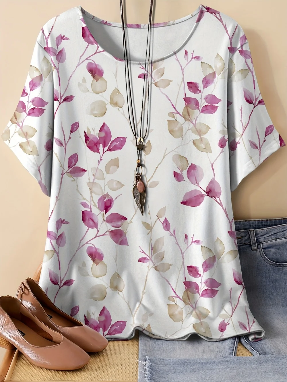 Vintage Loose T-Shirt Woman O-Neck Floral Leaves 3D Printed Fashion Tee Shirt Short Sleeves Top Elegant Outdoor Female Clothing