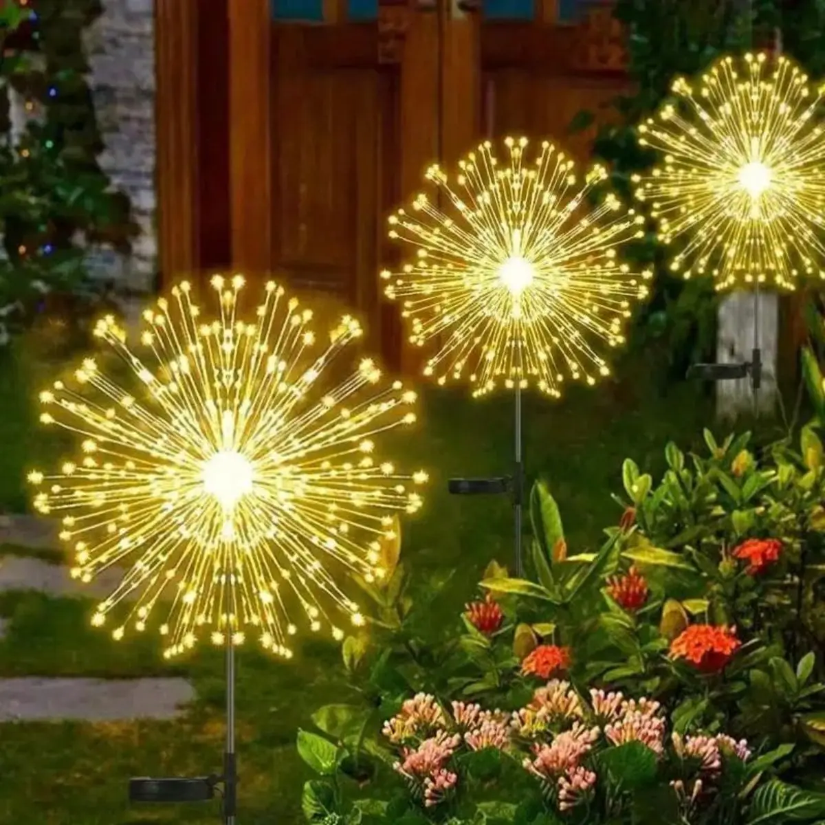 Luzes de fogos de artifício solares ao ar livre à prova dwaterproof água natal jardim decoração de casamento, ligar/desligar automático corda de fadas movido a energia solar paisagem lighti