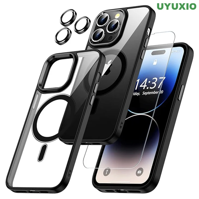 Etui magnetyczne UYUXIO do iPhone 15 14 13 12 11 Pro Max Plus Mini z osłona ekranu i osłona obiektywu aparatu etui mobilne