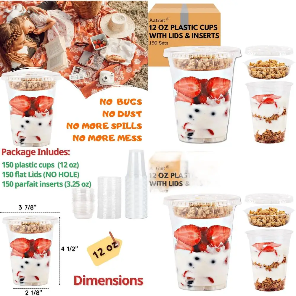 

12 oz Clear Plastic Parfait Cups with 3.25oz Inserts and Flat Lids, Ideal for Yogurt, Fruit, Snacks, and Takeaway Meals