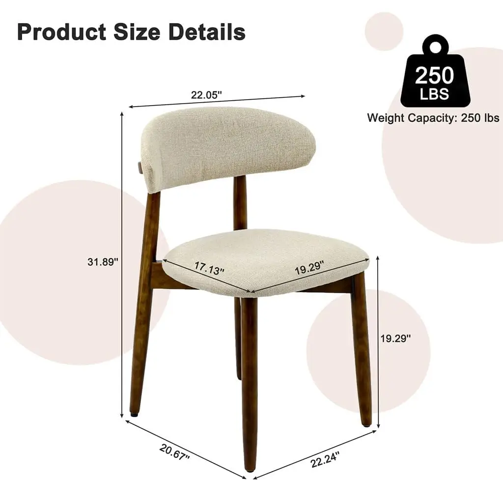 Mid Century Modern Dining Chairs Upholstered Fabric Wood Legs 300 Lbs Capacity Ergonomic Curved Backrest High Density Sponge Seat High Breathable Fabric